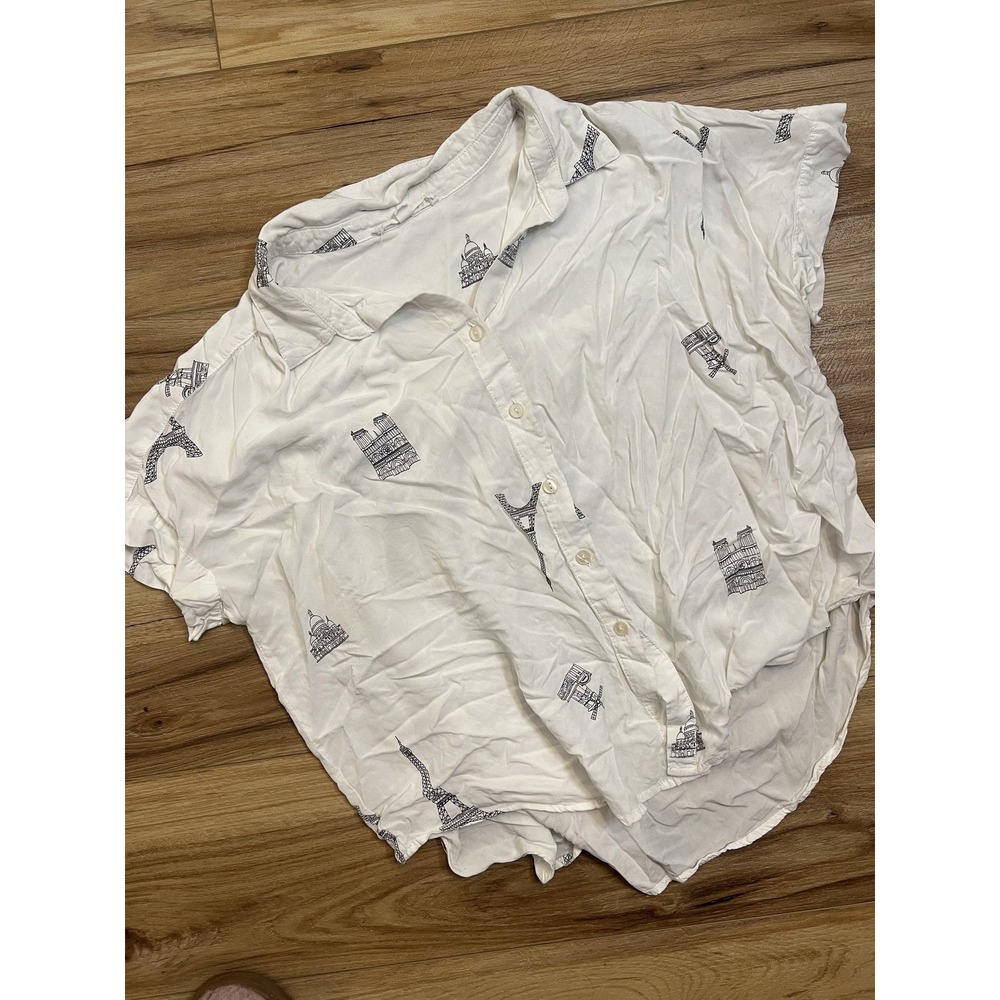 Jane + Delancey Shirt Wm Lg White Travel Landmark Print Paris Europe Vacation